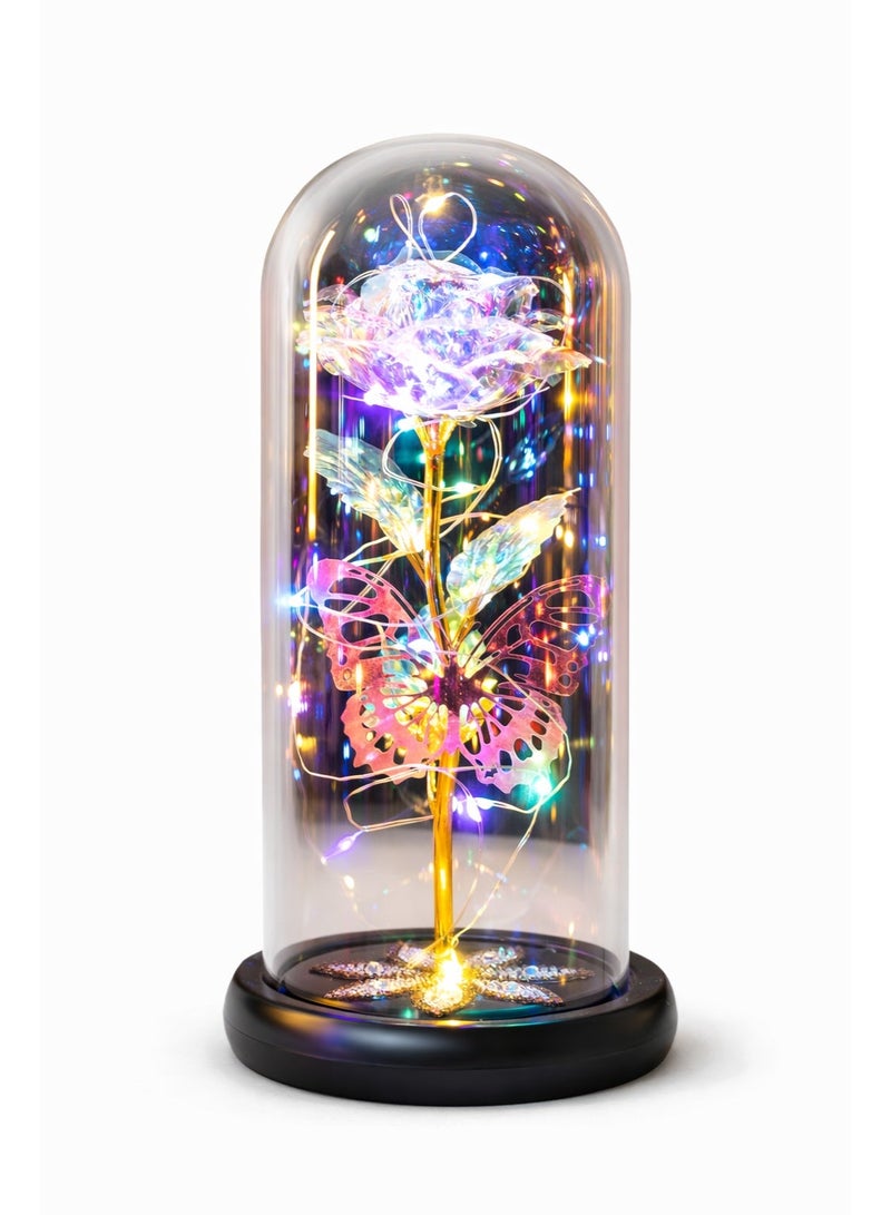 A luminous crystal rose inside a glass dome with a butterfly, a romantic decorative lamp. - Image 1